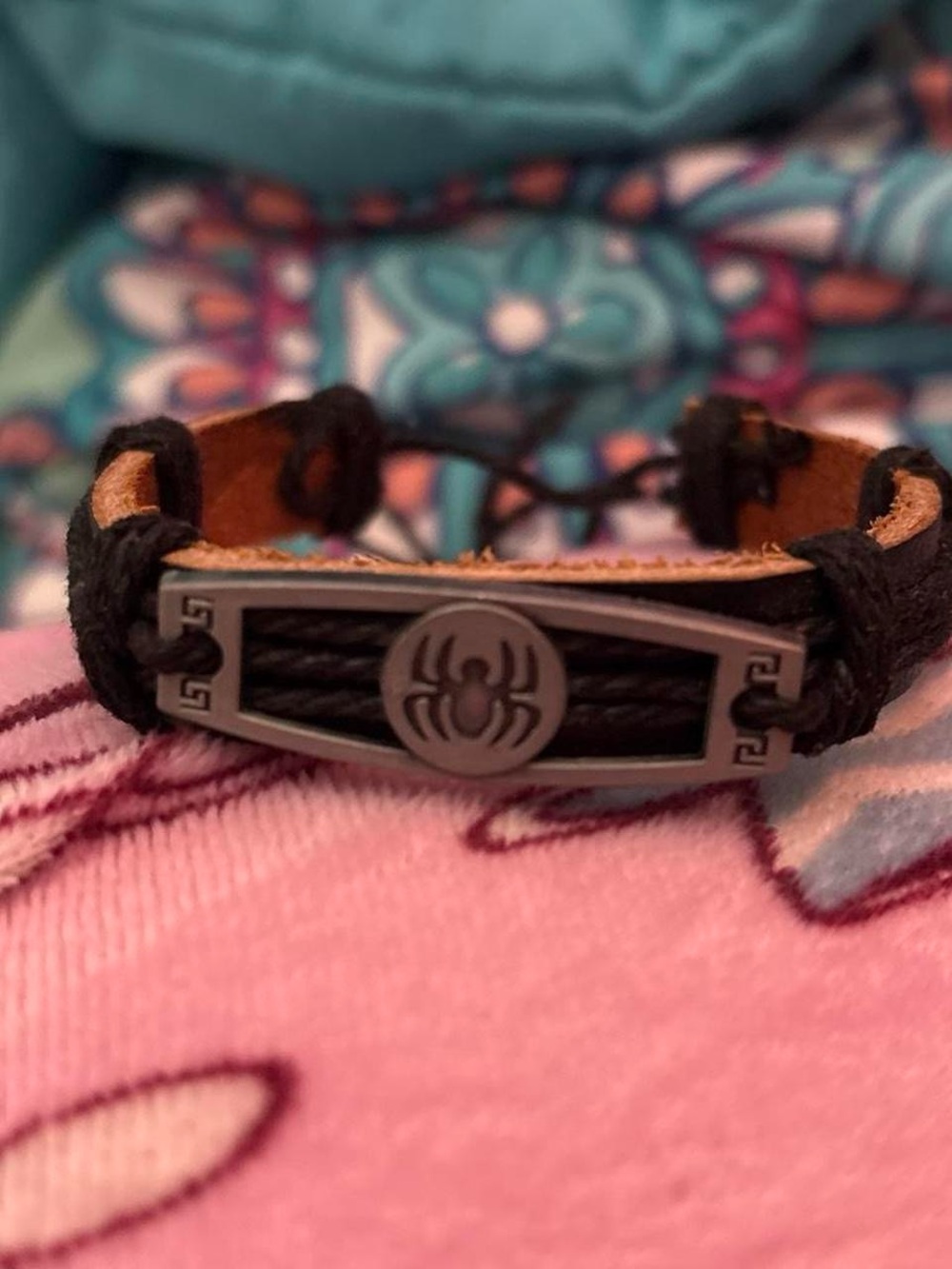 Black/Brown Leather Spider Man Bracelet with adjustable cord to fit any wrist